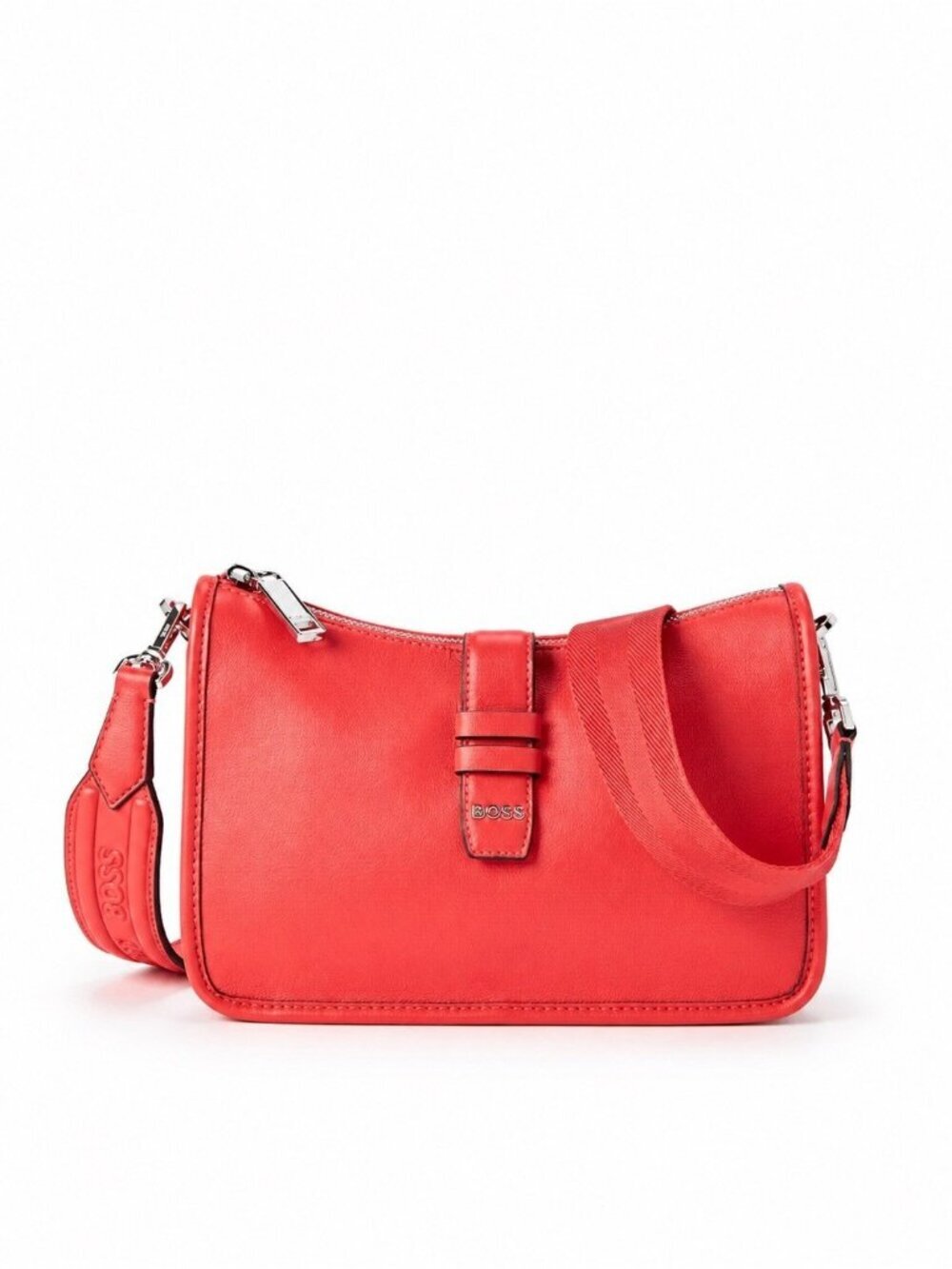 BOSS Hugo Boss Maddie Crossbody Bag Red Coral Faux Leather Logo Strap Shoulder